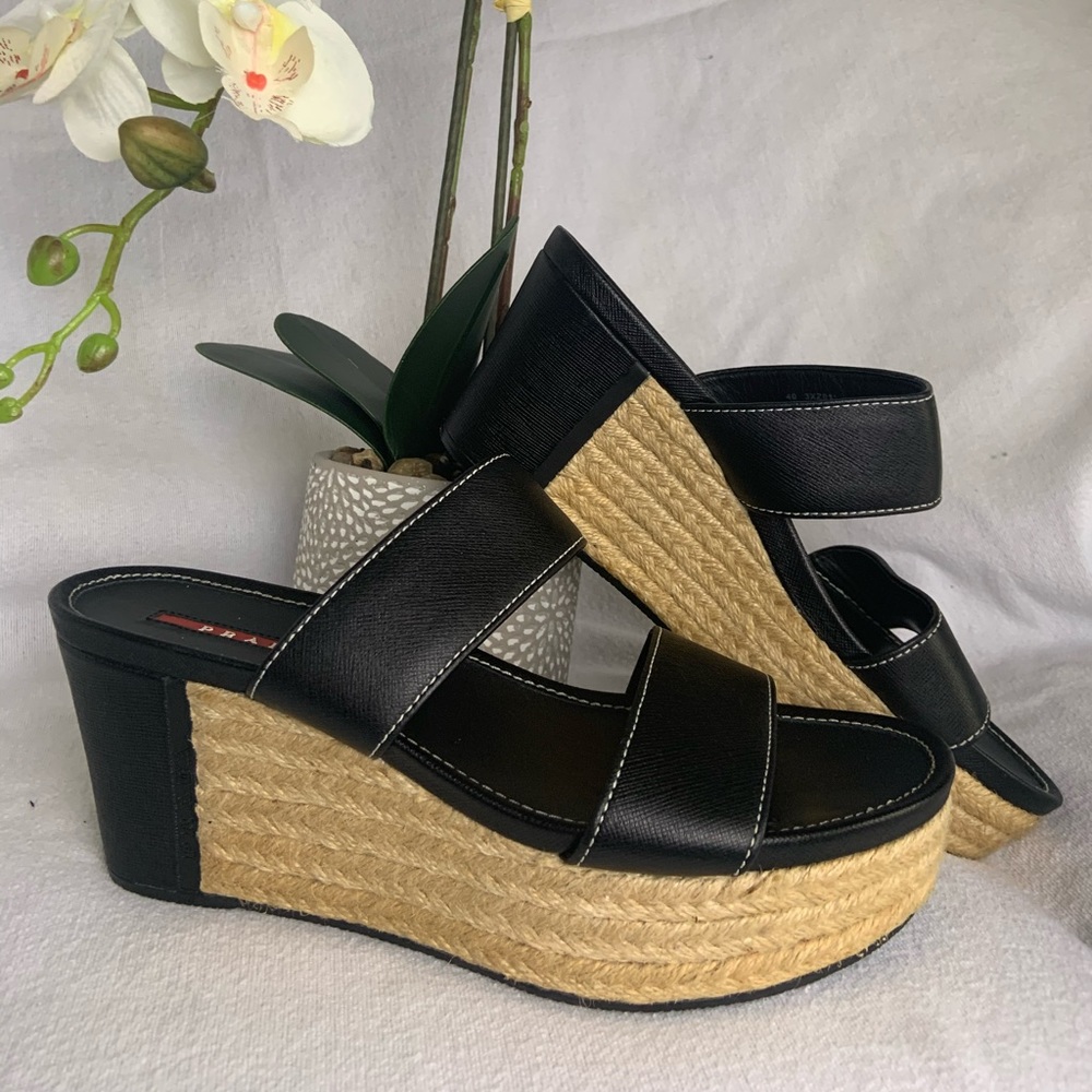 Prada Black and Tan Wedge Sandals